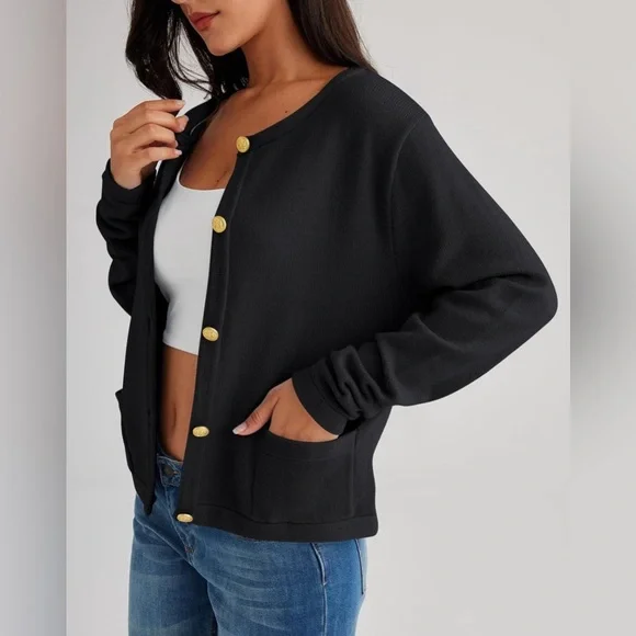 Brand New Relaxed Sweater Lady Jacket Black Size XS Gold Buttons So On-Trend - Picture 2 of 6